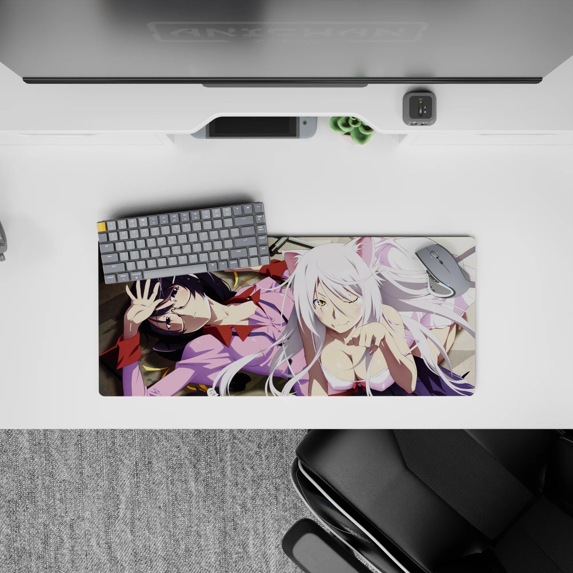 Soft pink and creamy white anime girl mouse pad 28x12 inches with midnight hair, cozy warm shadows.