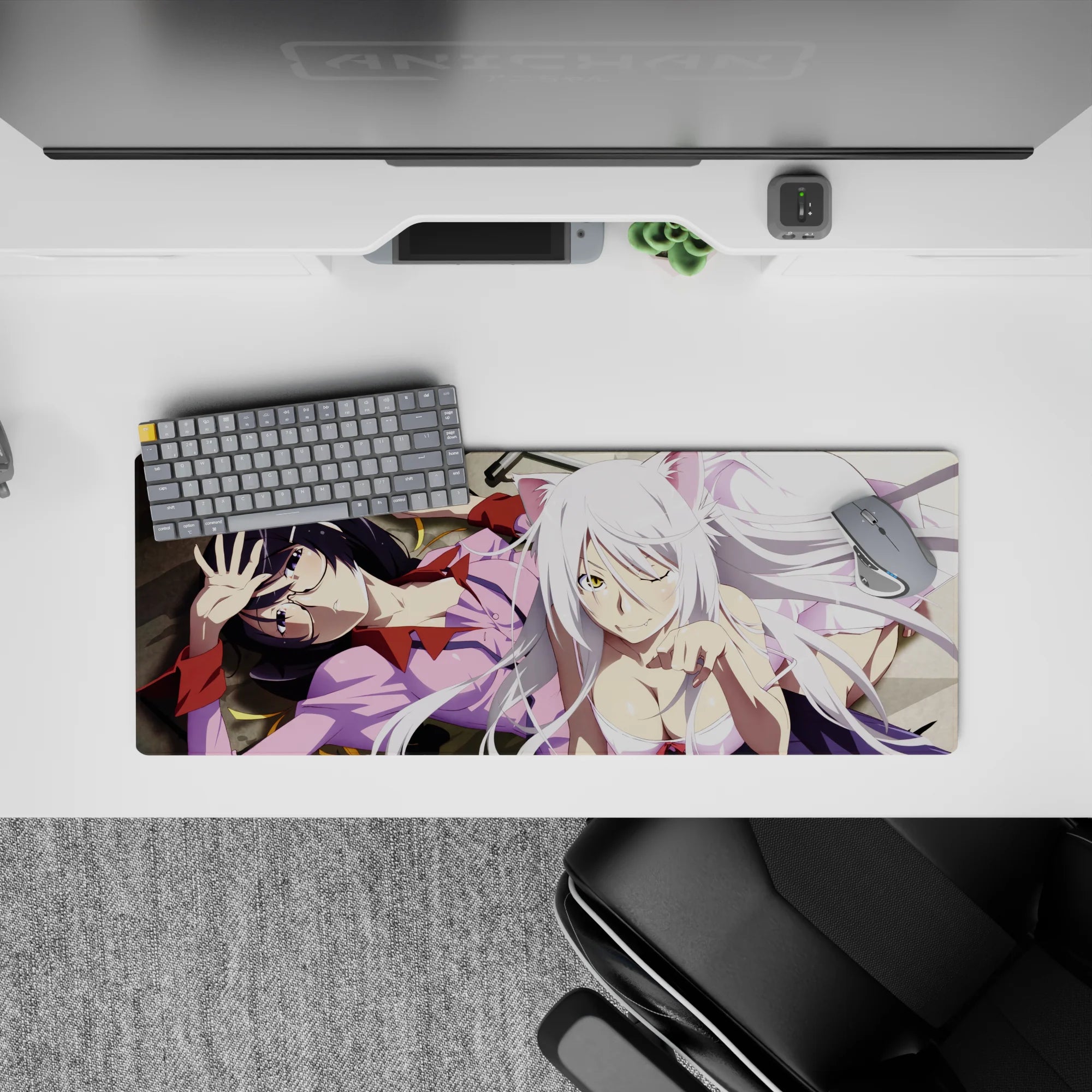 32x12 inches anime girl mouse pad in creamy whites, soft pinks, and midnight hair for cozy chaos vibes.
