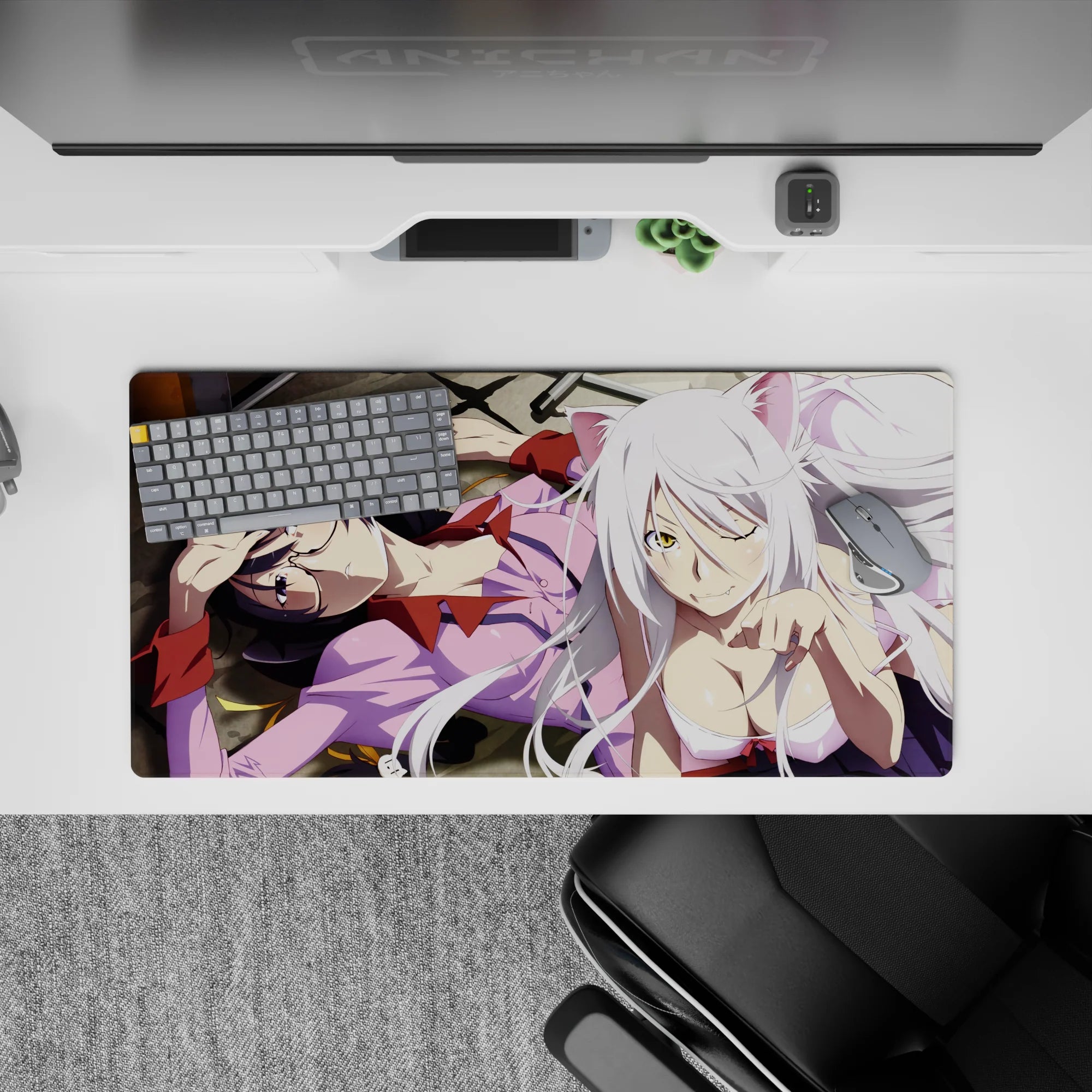 Anime girl mouse pad 32x16 inches in creamy whites, soft pinks, and midnight hair with warm shadows.
