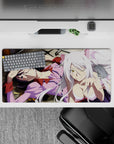 Anime girl mouse pad 32x16 inches in creamy whites, soft pinks, and midnight hair with warm shadows.
