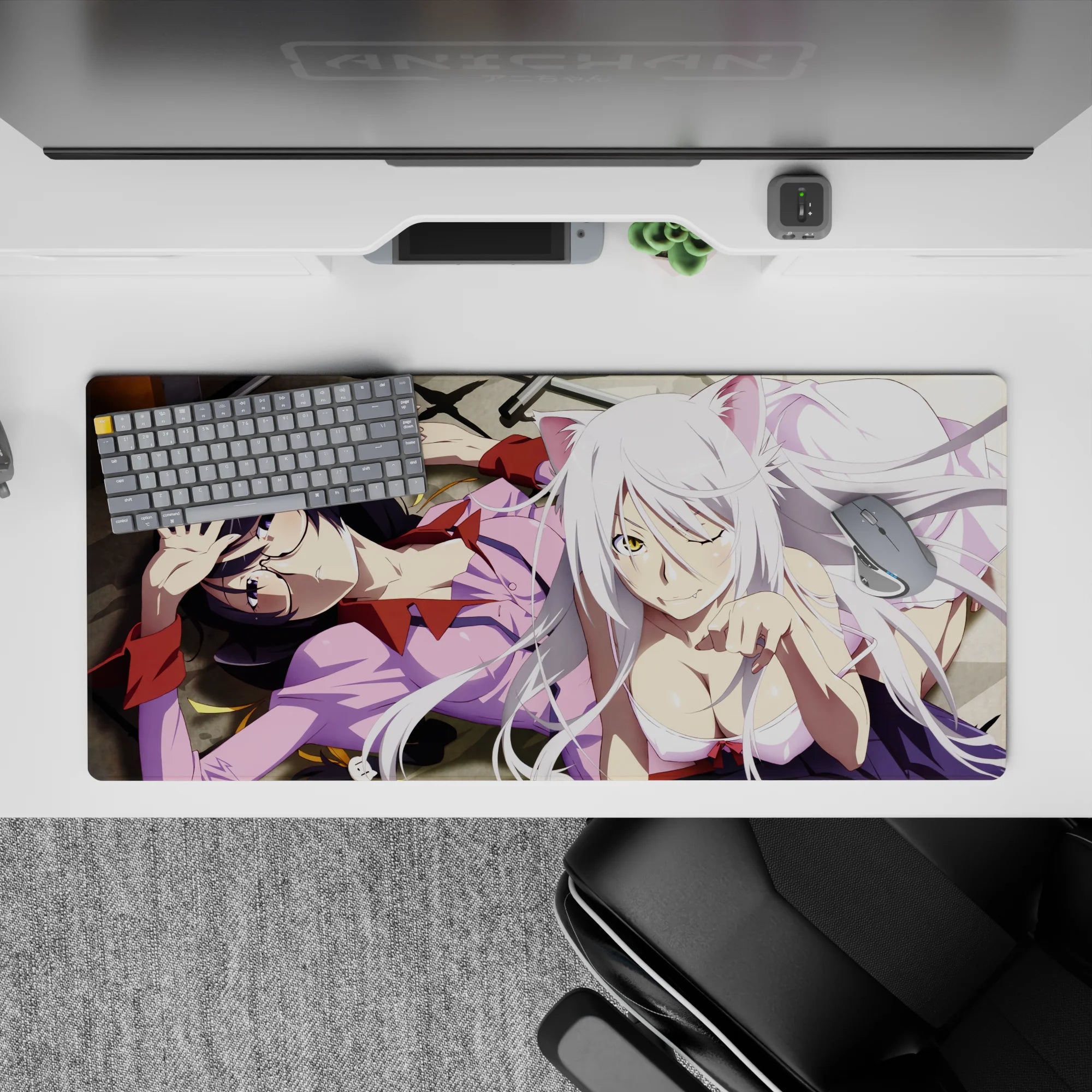 36x16 inches anime desk pad in creamy whites, soft pinks, midnight hair tones, cozy chaotic vibe.