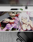 Creamy whites and soft pinks anime desk pad 40x20 inches, midnight hair, warm shadows, gold leaf accents.
