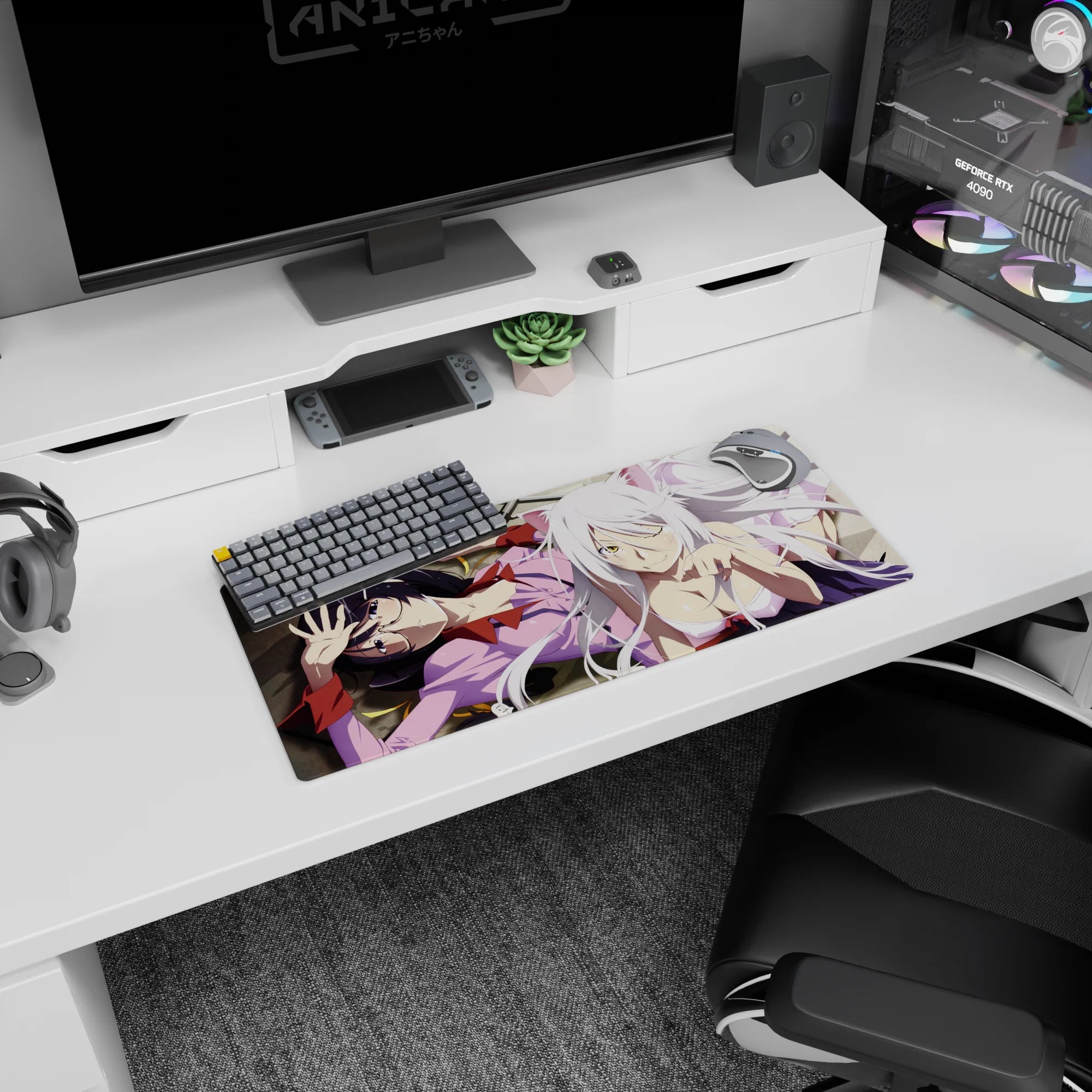 Hanekawa Tsubasa and Black Hanekawa sprawled, wink and paws on anime girl mouse pad 28x12 inches.