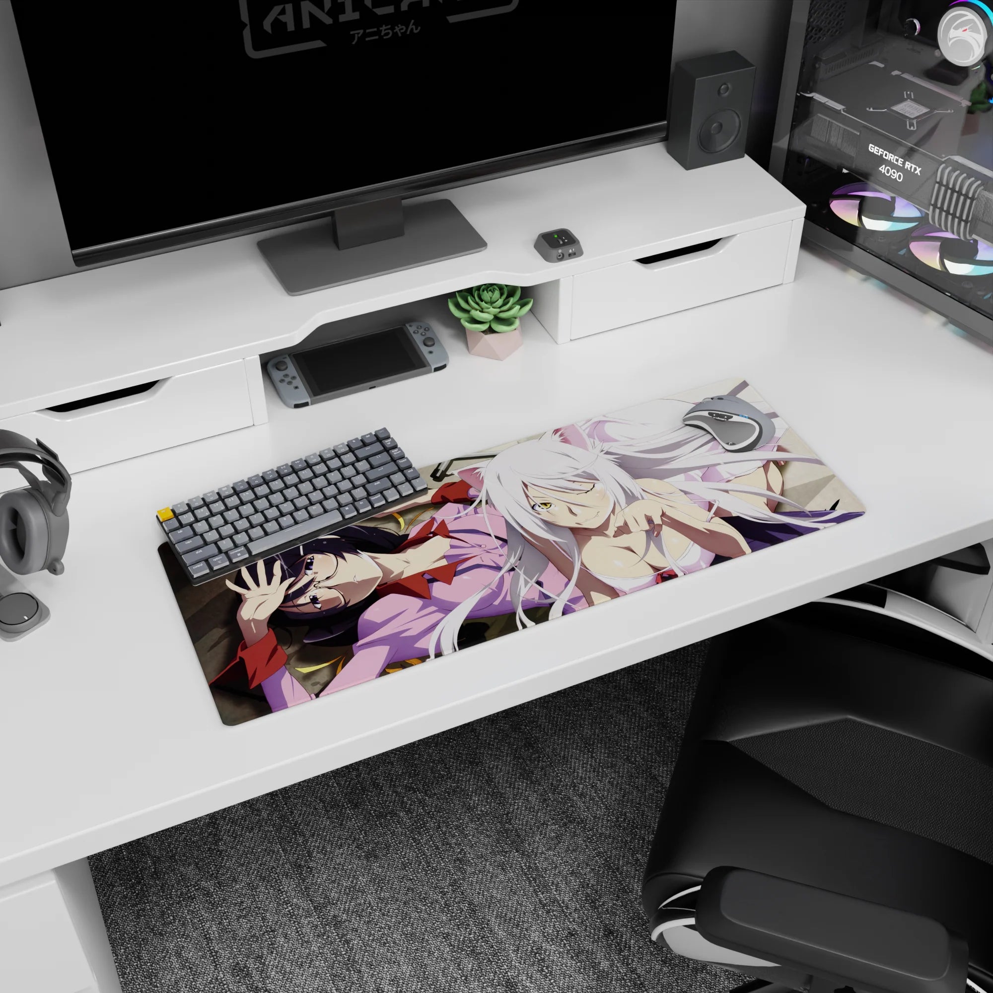 32x12 inches Bakemonogatari mouse pad featuring Hanekawa Tsubasa and Black Hanekawa sprawled, winking.