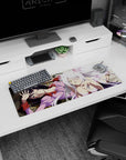 32x12 inches Bakemonogatari mouse pad featuring Hanekawa Tsubasa and Black Hanekawa sprawled, winking.