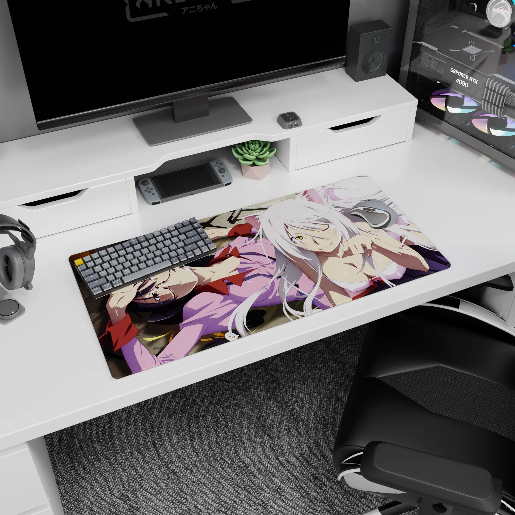 Bakemonogatari mouse pad 32x16 inches with Hanekawa Tsubasa and Black Hanekawa lounging with cat grin.