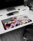 Bakemonogatari mouse pad 32x16 inches with Hanekawa Tsubasa and Black Hanekawa lounging with cat grin.
