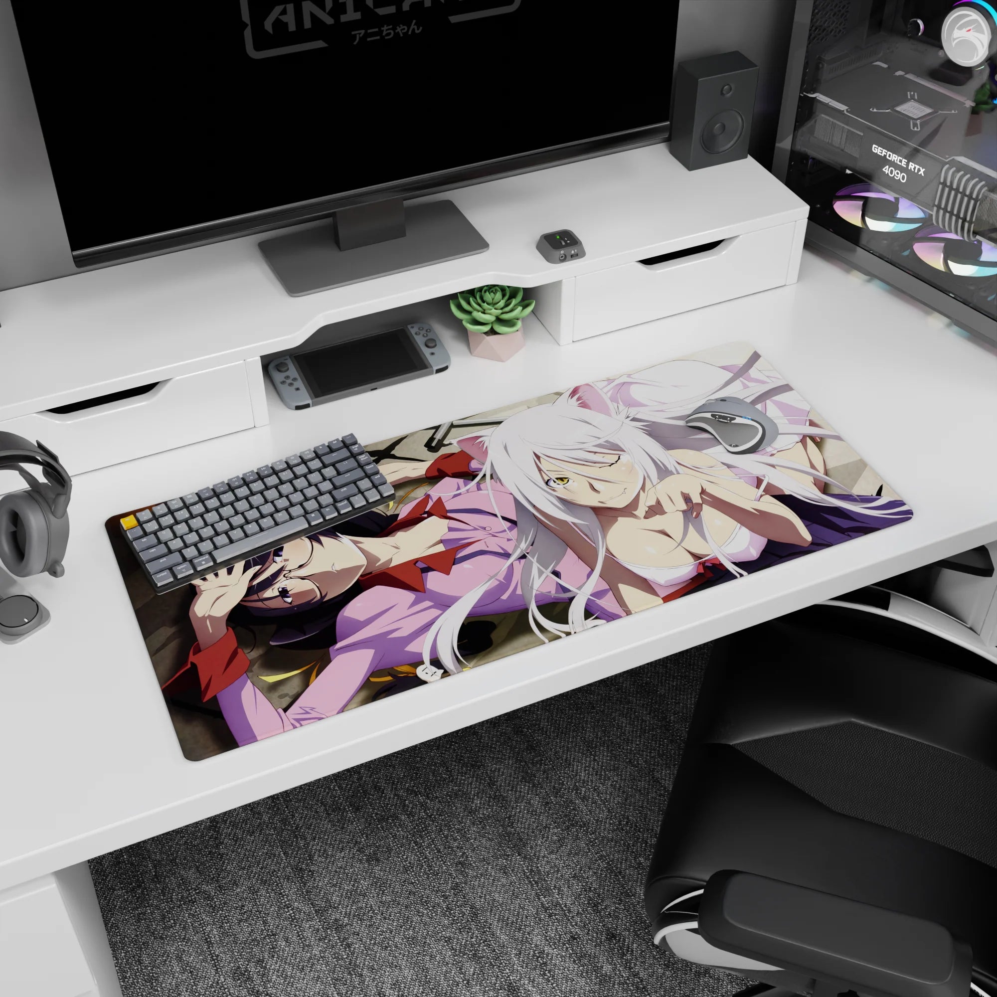 36x16 inches Bakemonogatari desk pad with sleepy Hanekawa beside cheeky Black Hanekawa, paws and wink.