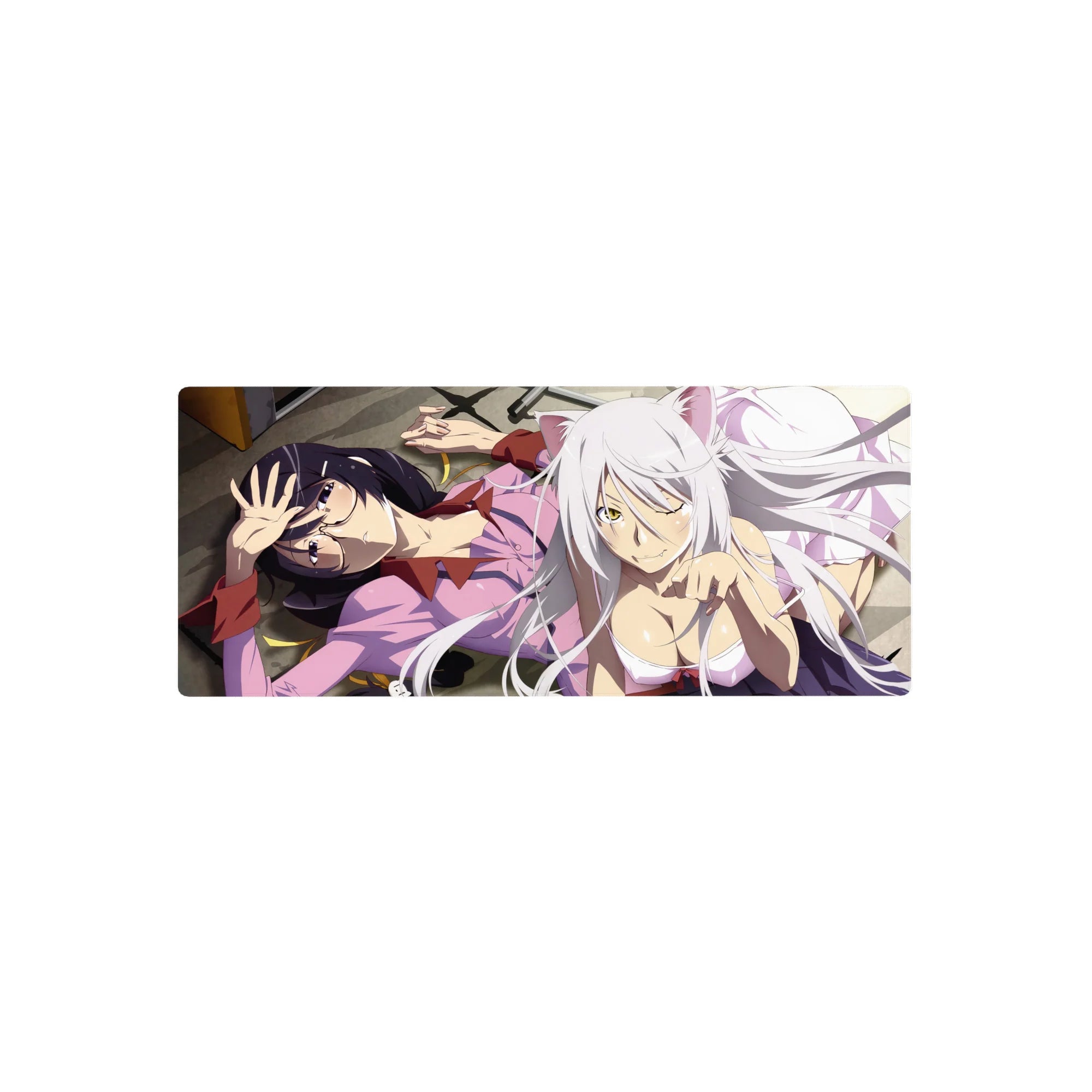 Bakemonogatari anime girl mouse pad 28x12 inches with Hanekawa and Black Hanekawa lounging, cat grin.