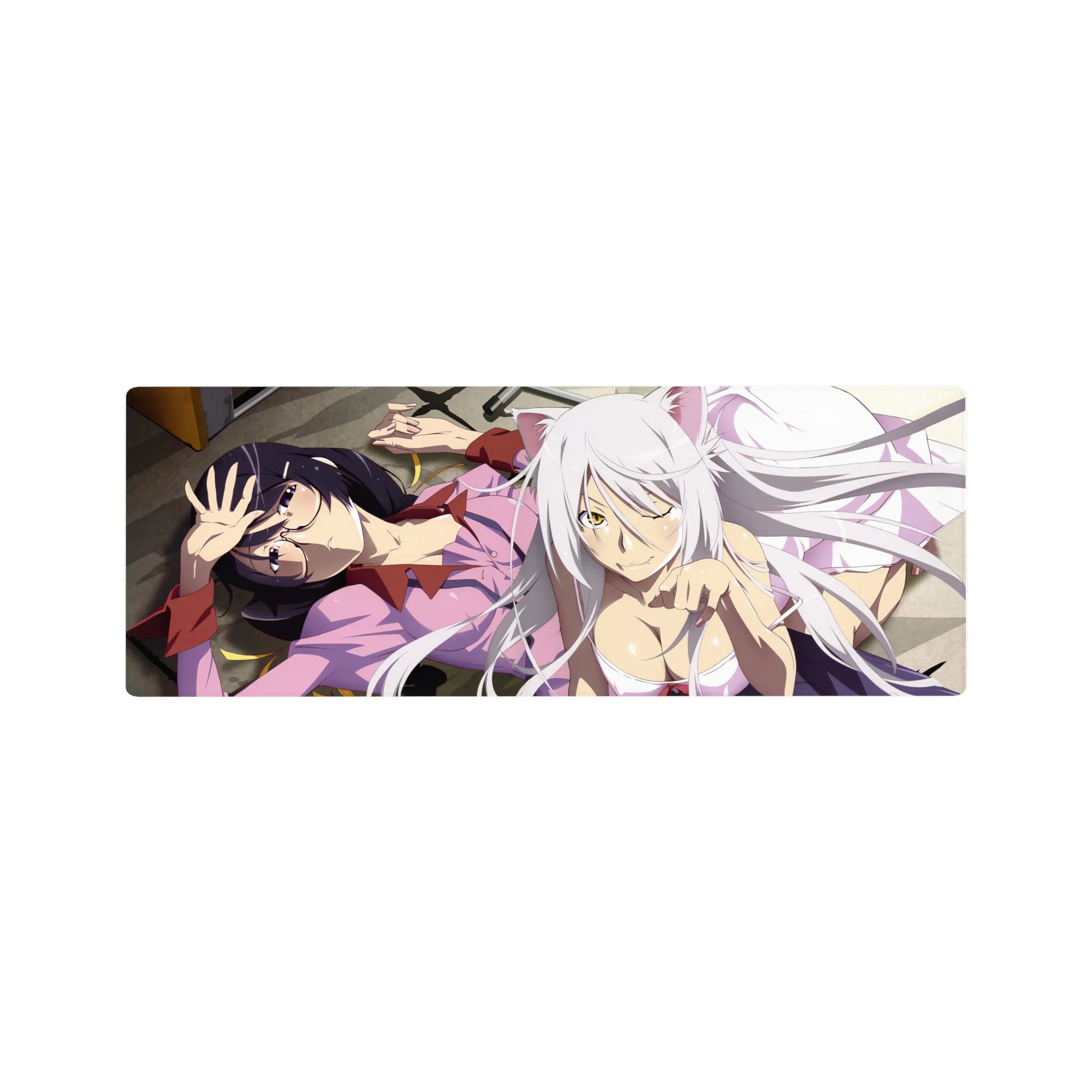 32x12 inches anime girl mouse pad with sleepy and cat-grin duo, golden leaves, crisp desk mat art.