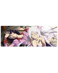 32x12 inches anime girl mouse pad with sleepy and cat-grin duo, golden leaves, crisp desk mat art.