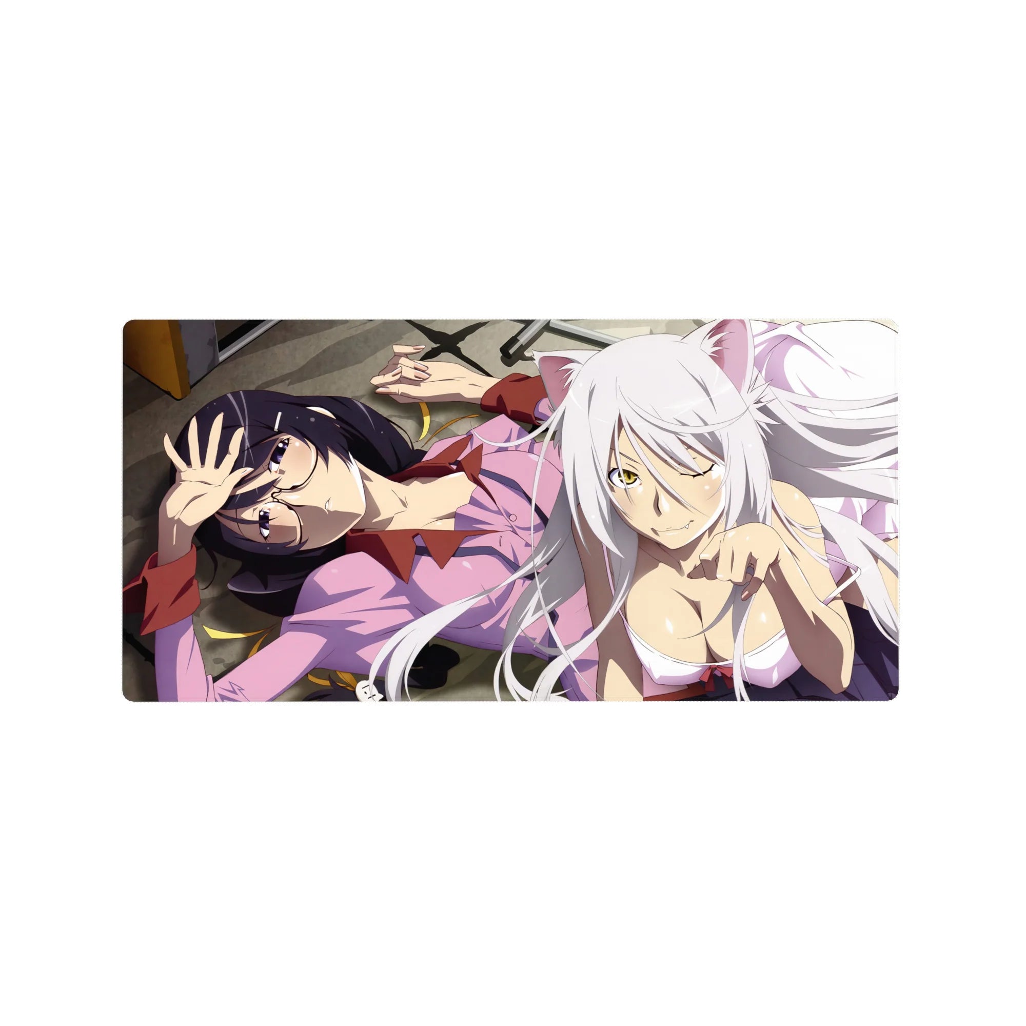 Anime girl mouse pad 32x16 inches featuring two cozy catlike anime girls with wink and paw pose.