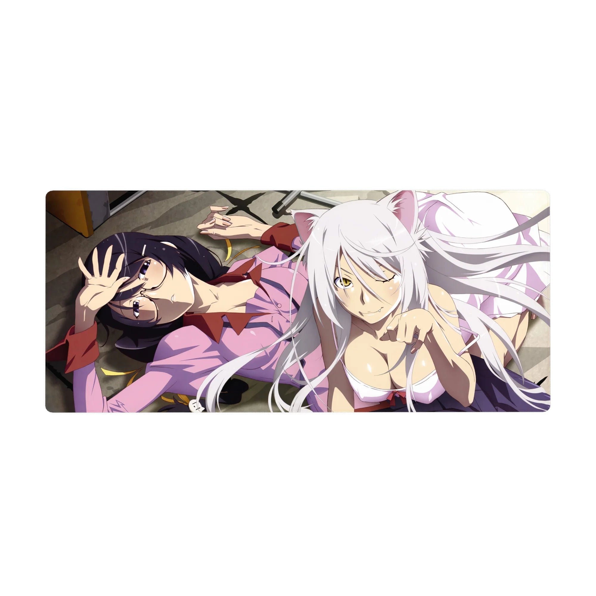 36x16 inches anime girl desk pad with Hanekawa and Black Hanekawa lounging, cat grin, gold leaves.
