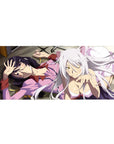 36x16 inches anime girl desk pad with Hanekawa and Black Hanekawa lounging, cat grin, gold leaves.