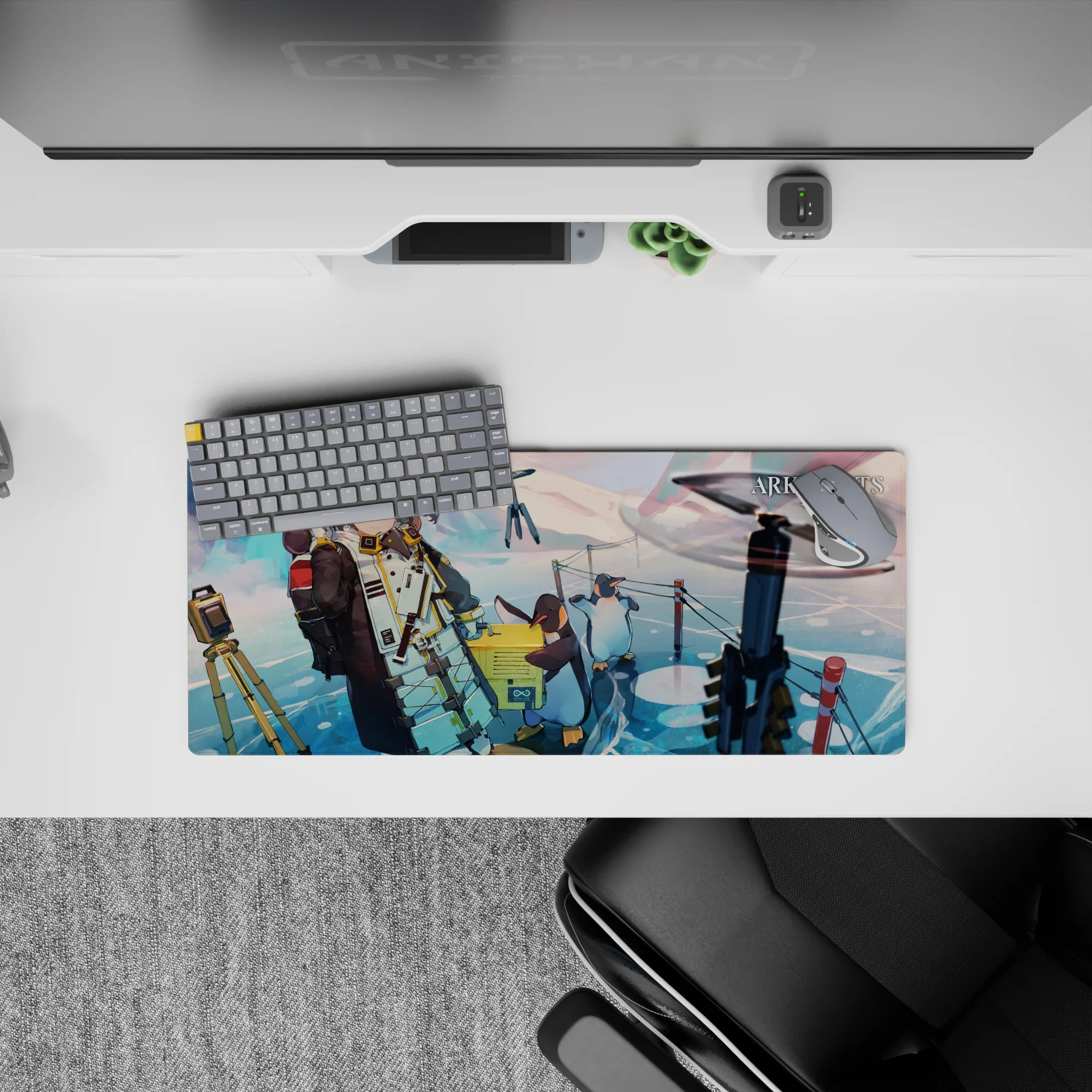 Pastel pink and teal sky anime girl mouse pad 28x12 inches, calm icy reflections and cozy vibe.