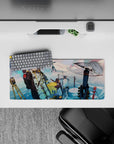 Pastel pink and teal sky anime girl mouse pad 28x12 inches, calm icy reflections and cozy vibe.