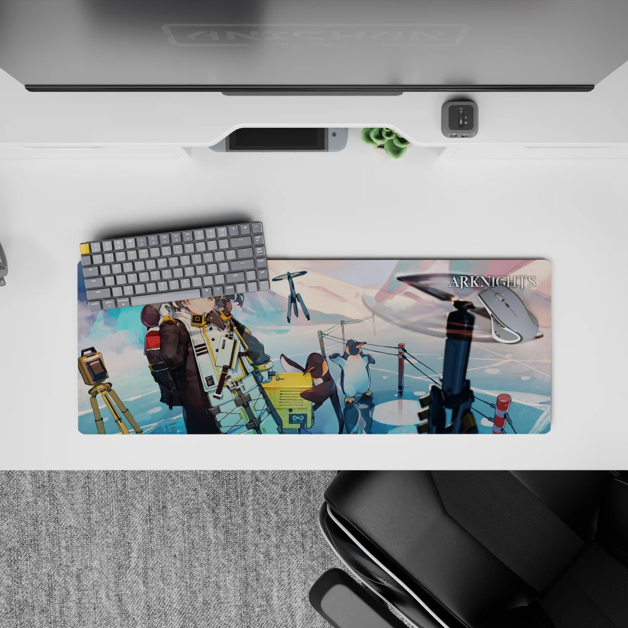 Pastel pink-teal sky anime girl mouse pad 32x12 inches, calm cozy expedition vibe with icy reflections.