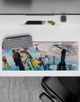 Pastel pink-teal sky anime girl mouse pad 32x12 inches, calm cozy expedition vibe with icy reflections.