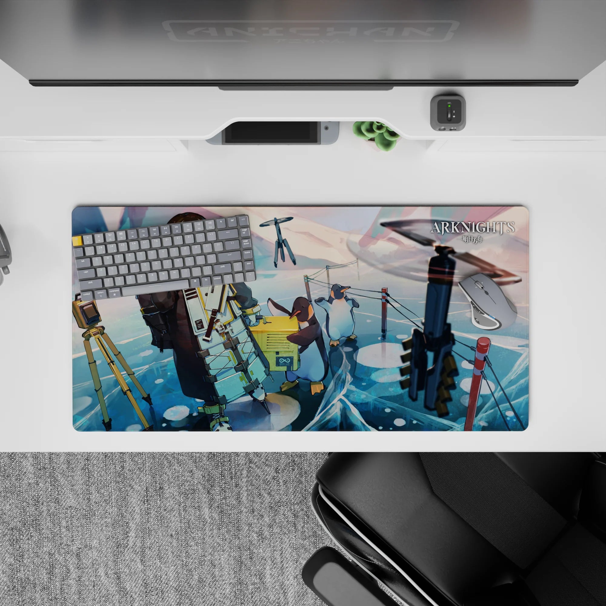 Pastel pink and teal sky anime girl mouse pad 32x16 inches, calm icy scene with soft glow.