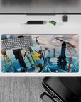 Pastel pink and teal sky anime girl mouse pad 32x16 inches, calm icy scene with soft glow.