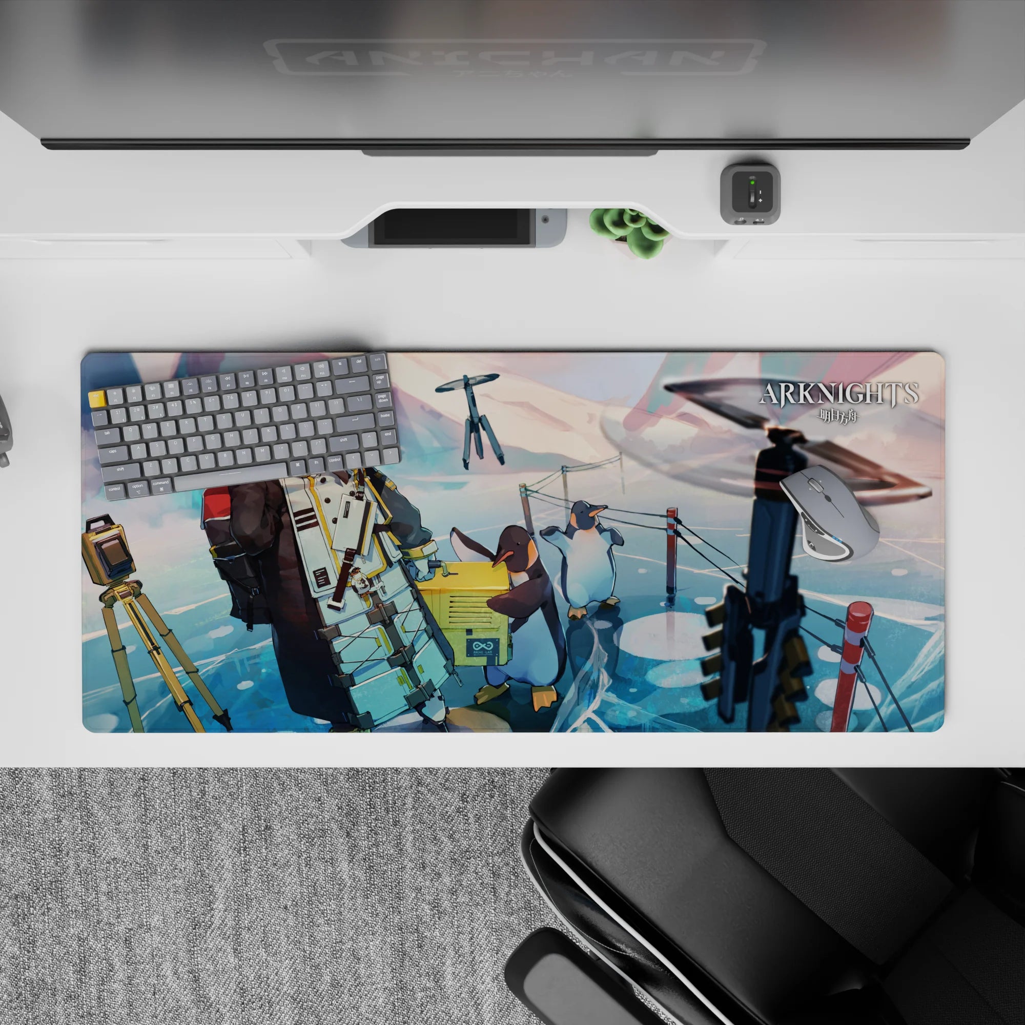 Pastel pink and teal sky anime desk pad 36x16 inches, calm winter vibe with glossy ice reflections.