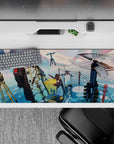 Pastel pink and teal sky anime desk pad 36x16 inches, calm winter vibe with glossy ice reflections.