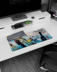 Soft-eyed anime girl in heavy brown parka on blue ice with waddling penguins mouse pad 28x12 inches.