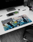 Soft-eyed anime girl in brown parka on glossy blue ice with waddling penguins mouse pad 32x16 inches.