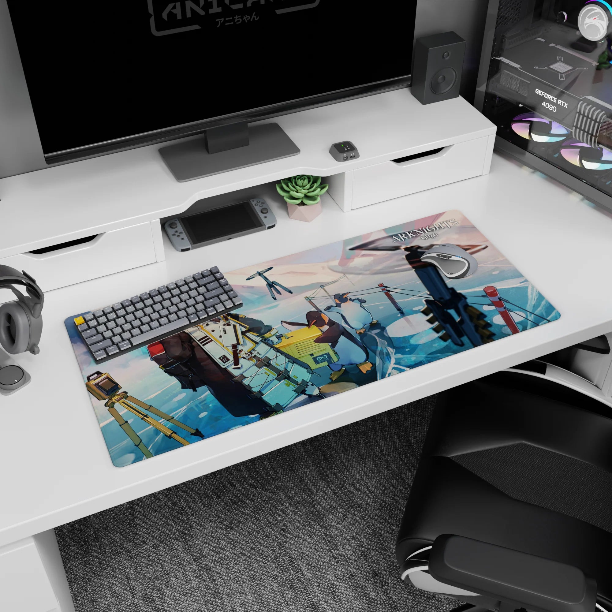 Soft-eyed anime girl in brown parka on blue ice with penguins and tech straps, desk pad 36x16 inches.
