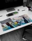 Soft-eyed anime girl in brown parka on blue ice with penguins and tech straps, desk pad 36x16 inches.