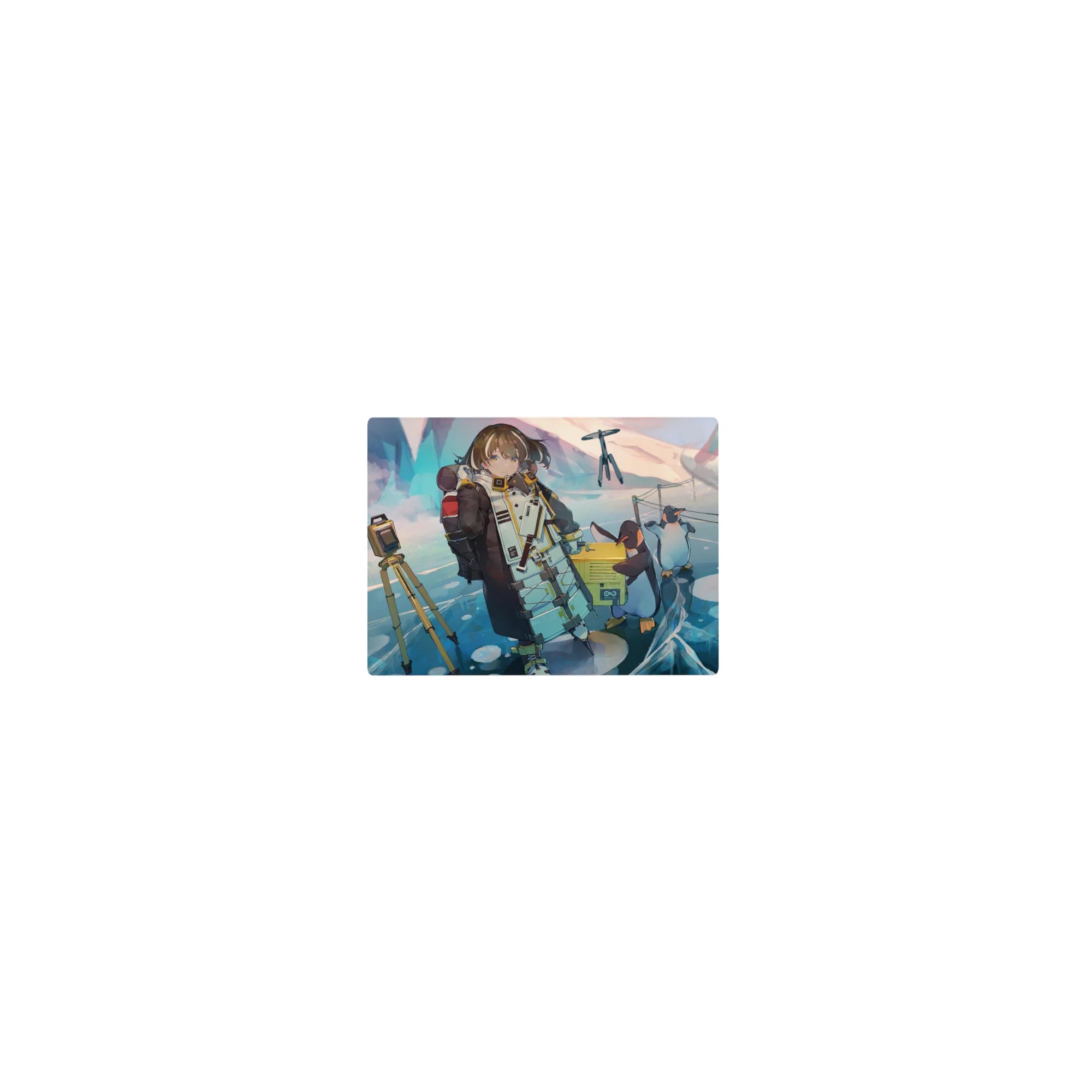 Classic anime girl mouse pad 14x10 inches with parka explorer on icy lake, penguins and tiny drones.