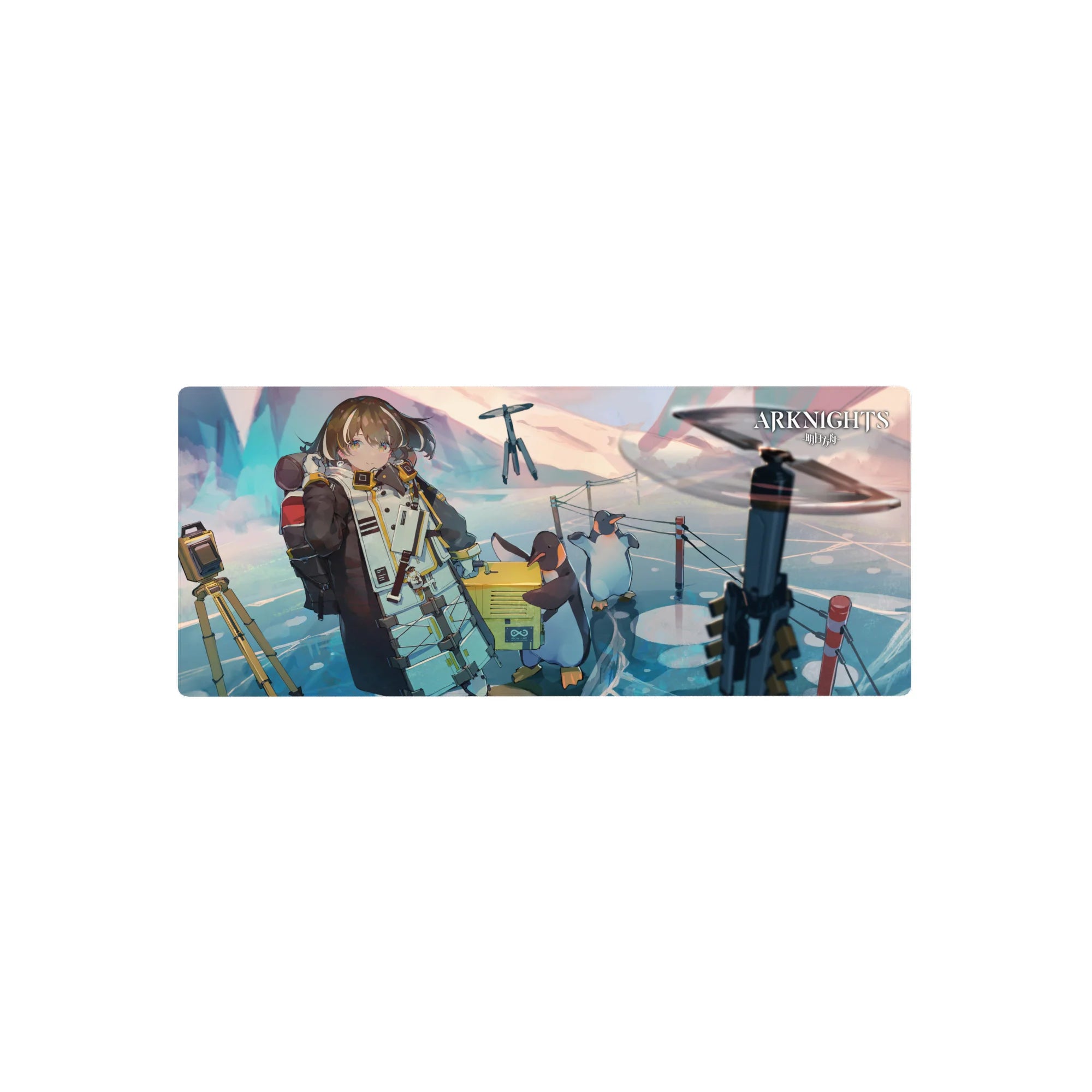 Arknights-inspired anime girl mouse pad 28x12 inches with parka, penguins, drones on glossy ice.