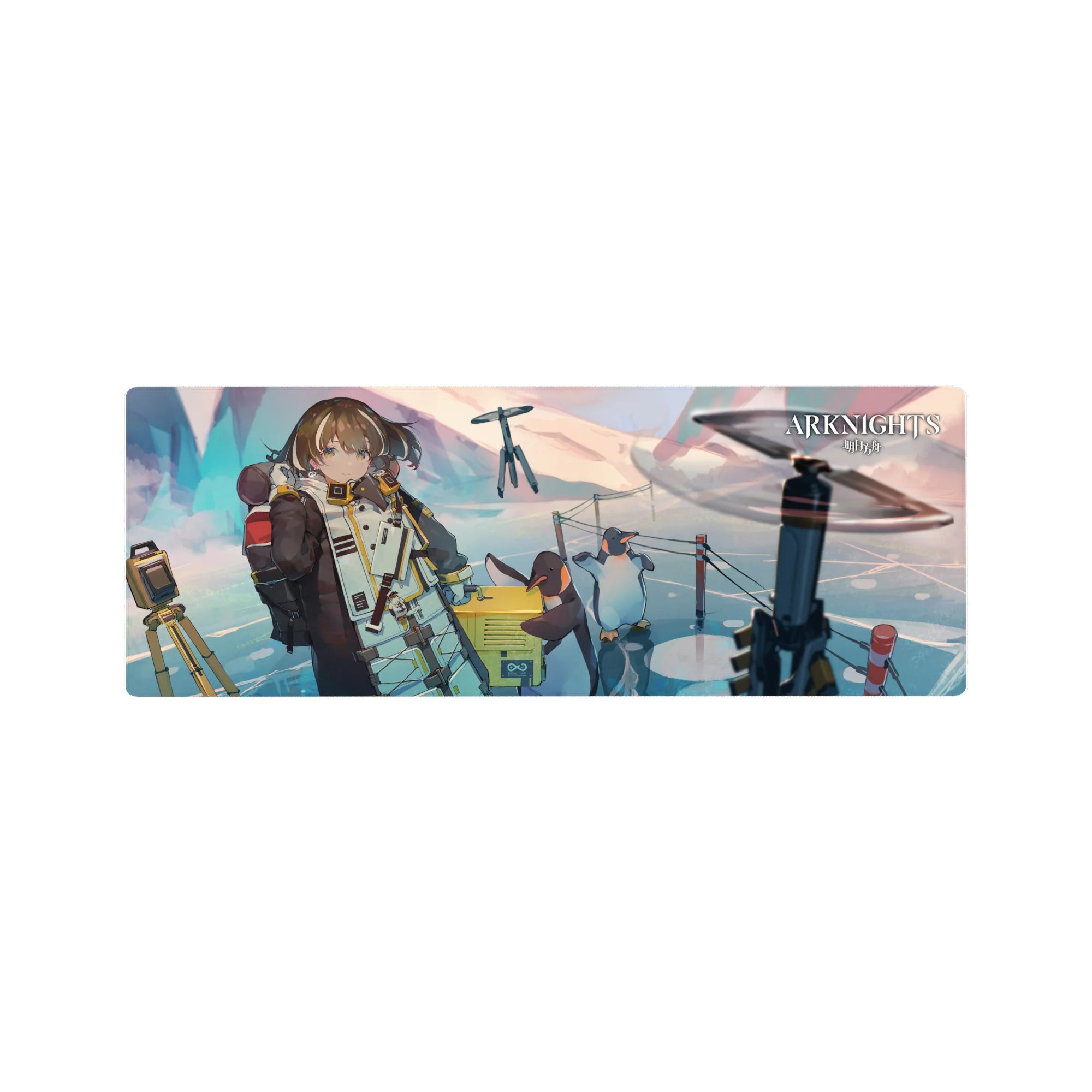 Arknights-inspired anime girl mouse pad 32x12 inches with icy blue floor, penguins, and hovering drones.