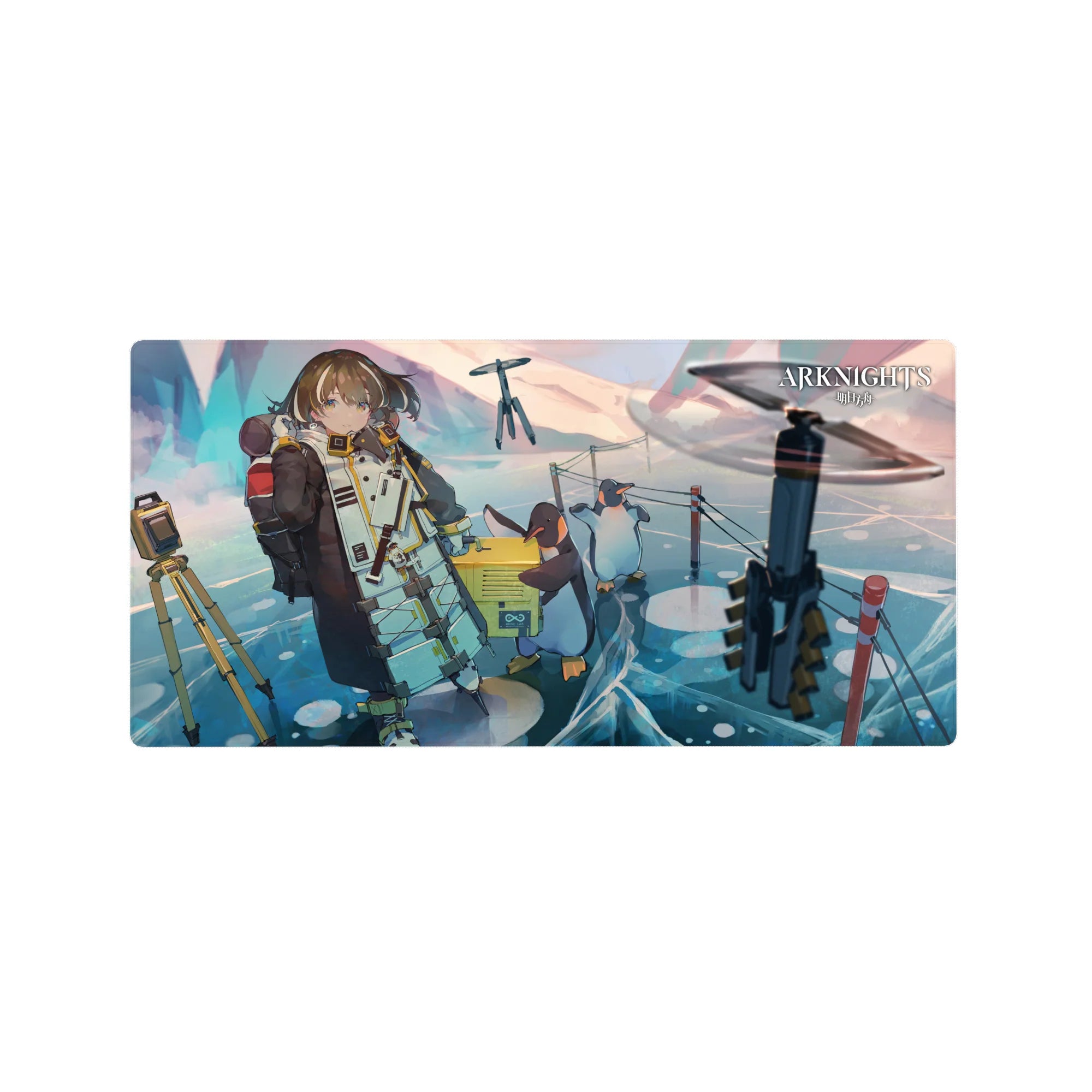 Arknights-inspired anime girl mouse pad 32x16 inches with penguins, drones, and icy reflections.