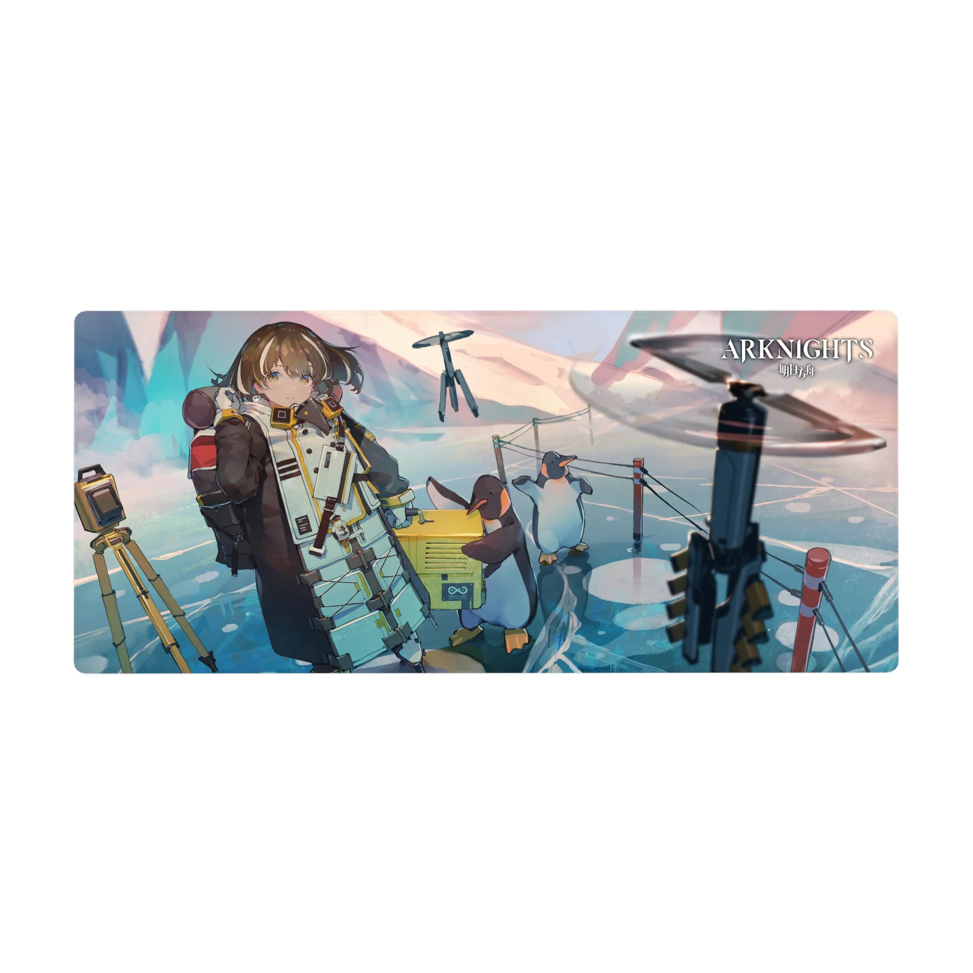 Arknights-inspired anime girl desk pad 36x16 inches with icy blue scene, penguins, and hovering drones.