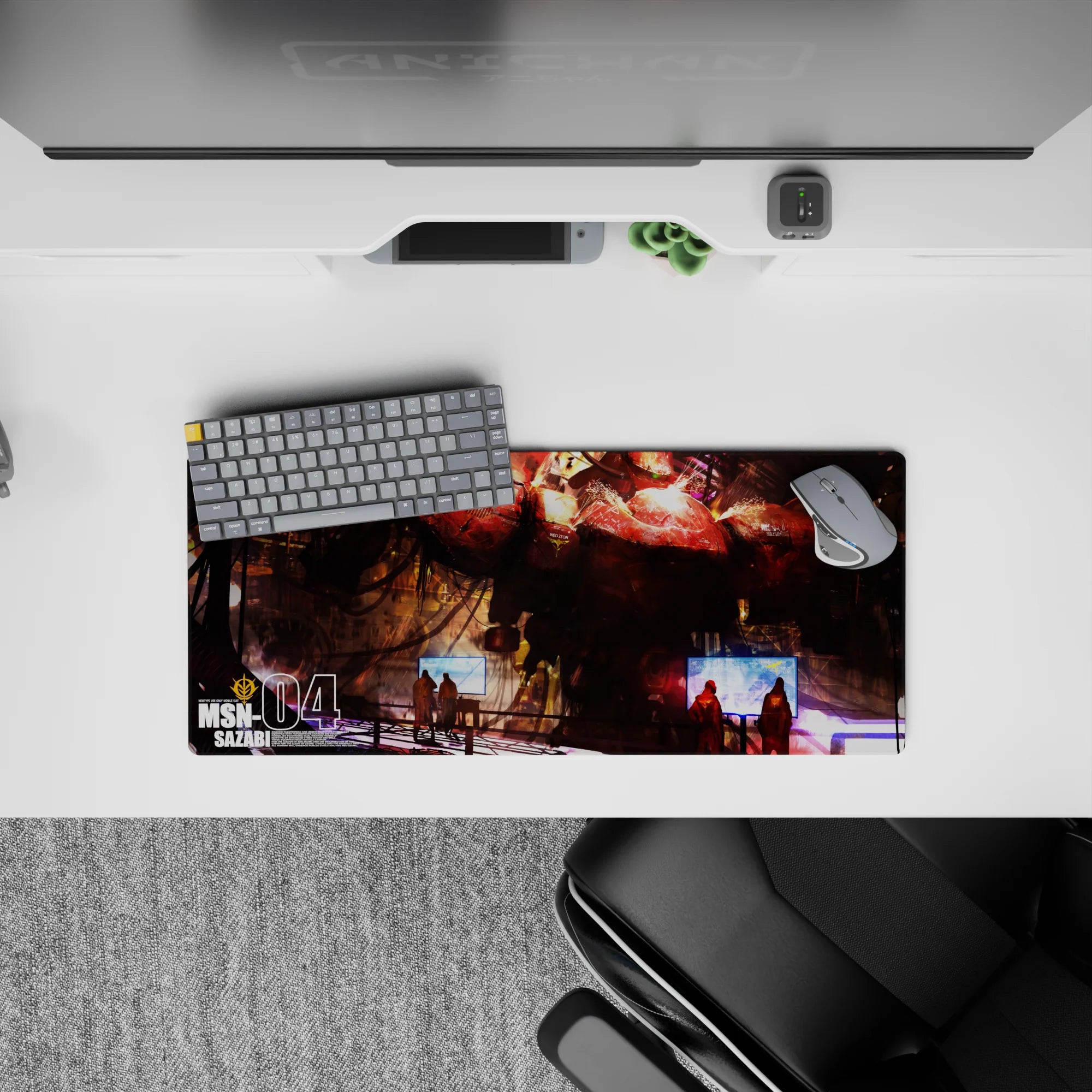 28x12 inches anime mouse pad in crimson and hot orange hangar light, gritty textures, glowing screens.