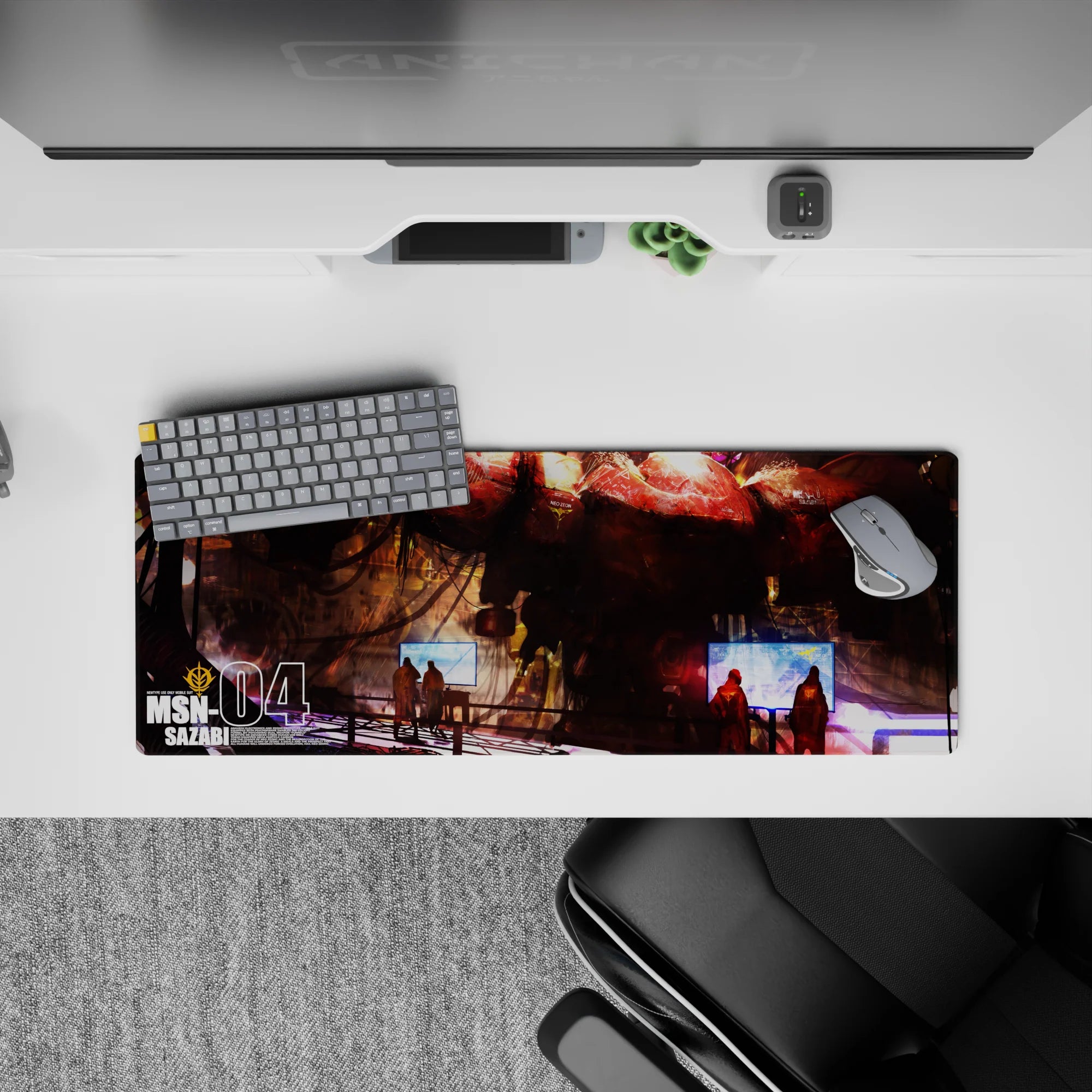 32x12 inches anime mouse pad in crimson and orange glow, gritty scratched armor vibe for a bold sci-fi desk.