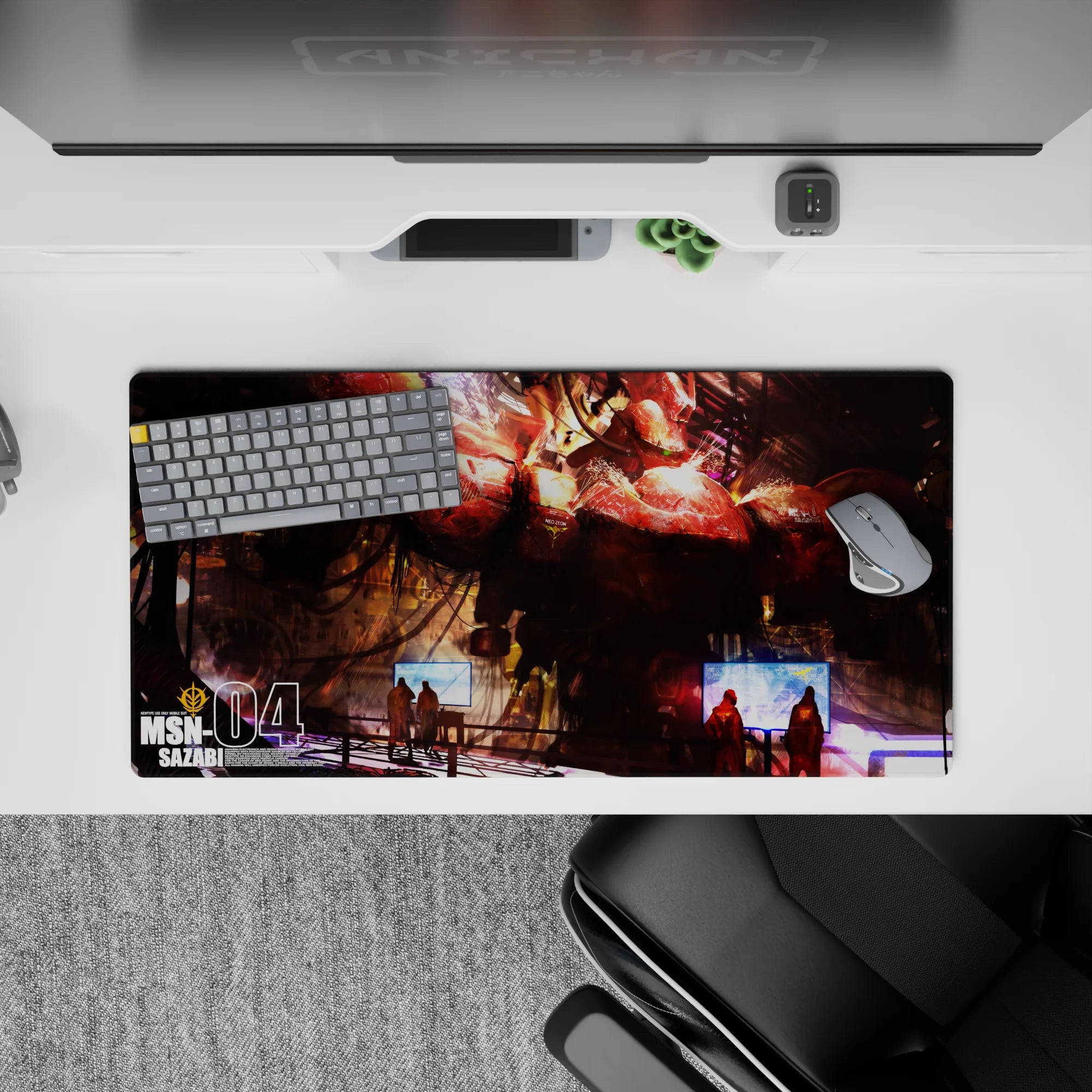 32x16 inches anime mouse pad in crimson and hot orange lighting, scratched metal textures, intense sci-fi vibe.