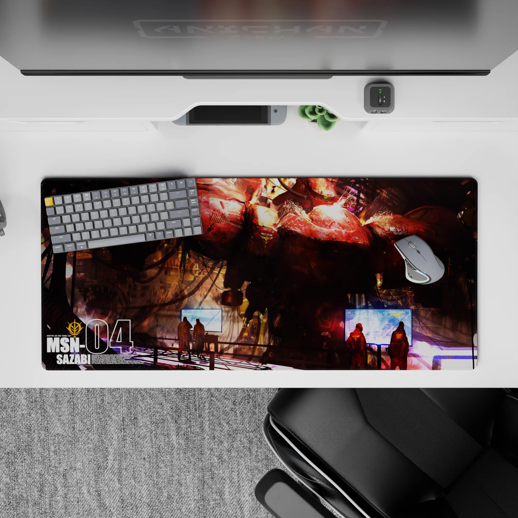 36x16 inches anime desk pad in crimson and hot orange hangar glow, scratched paint textures, moody sci-fi vibe.