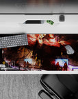 36x16 inches anime desk pad in crimson and hot orange hangar glow, scratched paint textures, moody sci-fi vibe.