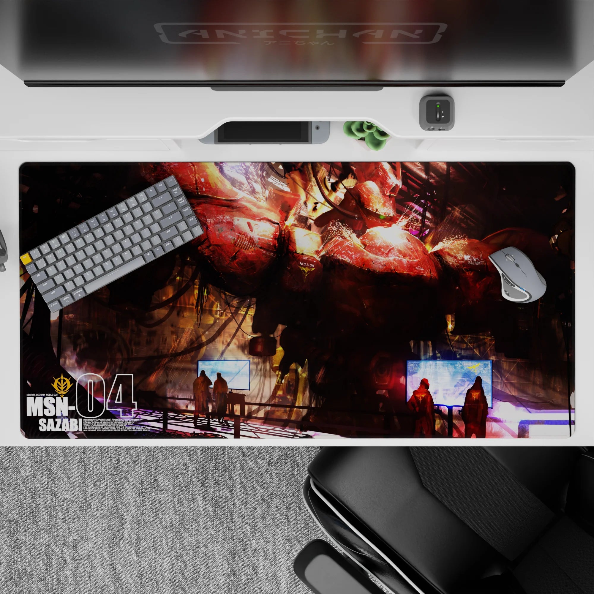 40x20 inches anime desk pad in crimson armor tones with hot orange glow, scratched paint, moody tech.