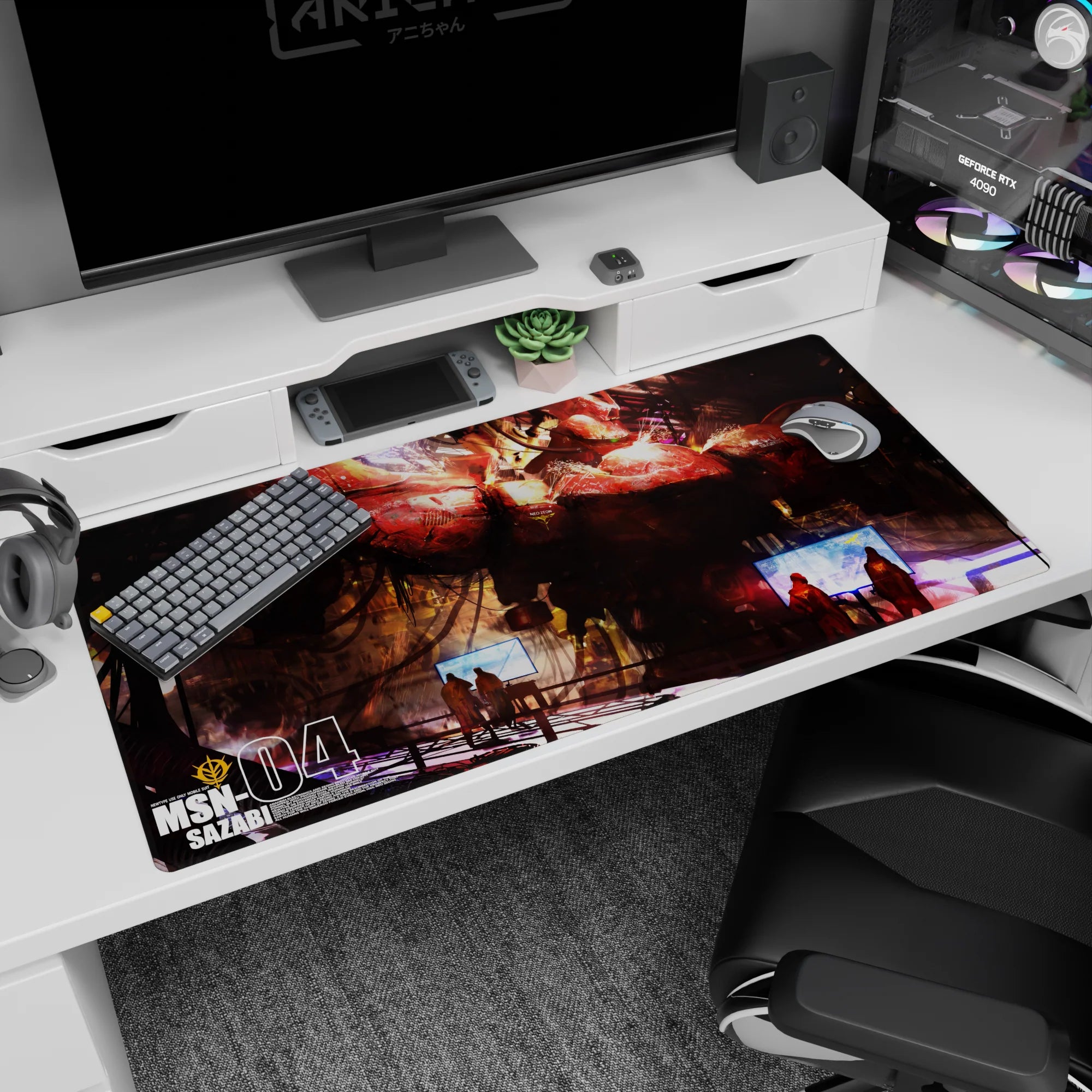 40x20 inches Mobile Suit Gundam desk pad featuring MSN-04 Sazabi towering over tiny hangar crew.