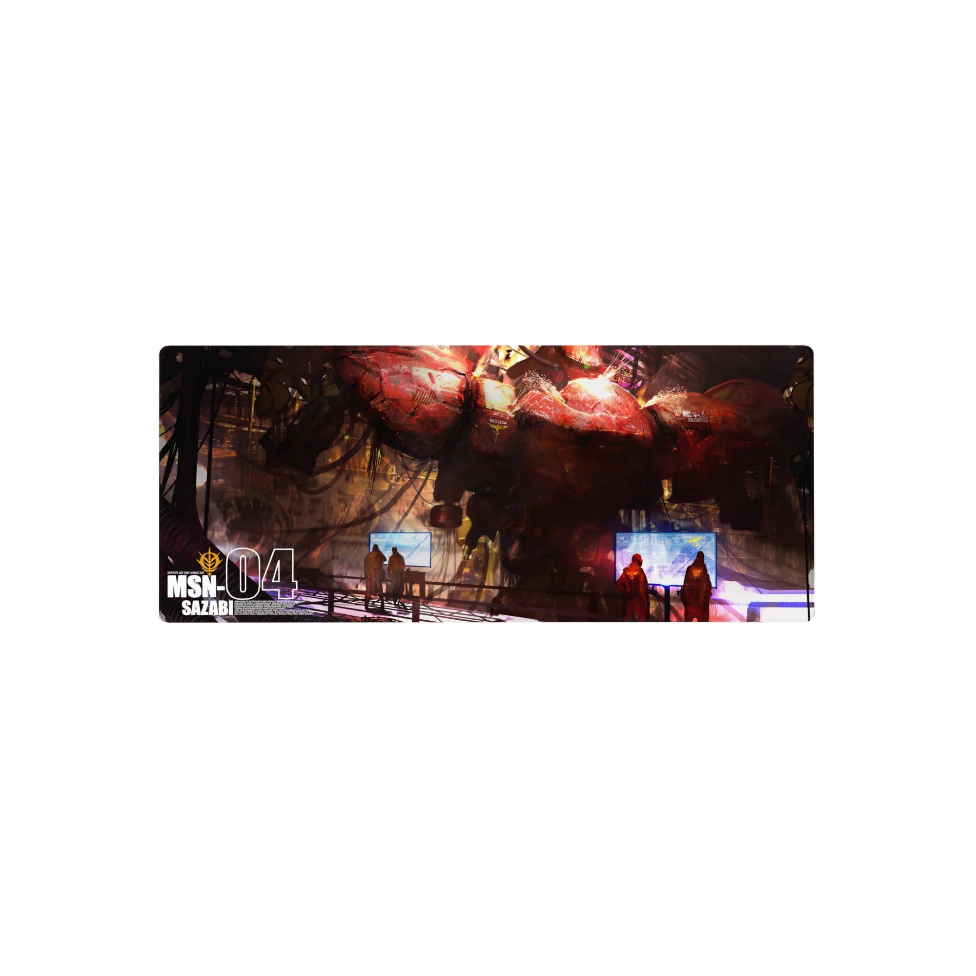 28x12 inches anime mouse pad with Sazabi in a gritty Gundam hangar, cables, crew figures, sci-fi detail.