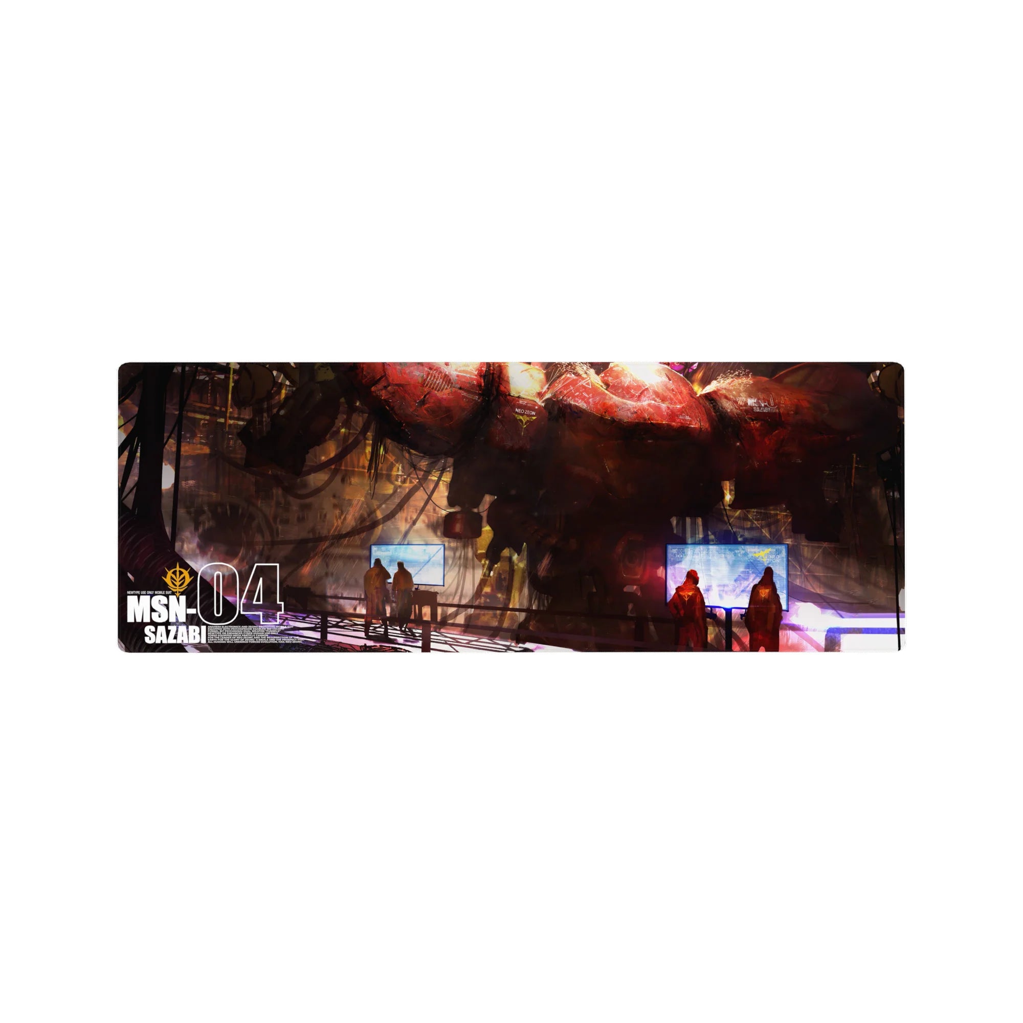 32x12 inches anime mouse pad featuring a giant mecha in a gritty hangar with cables and tiny crew below.