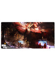 32x16 inches anime mouse pad with gritty hangar art, towering red mecha, cables, and tiny crew below.