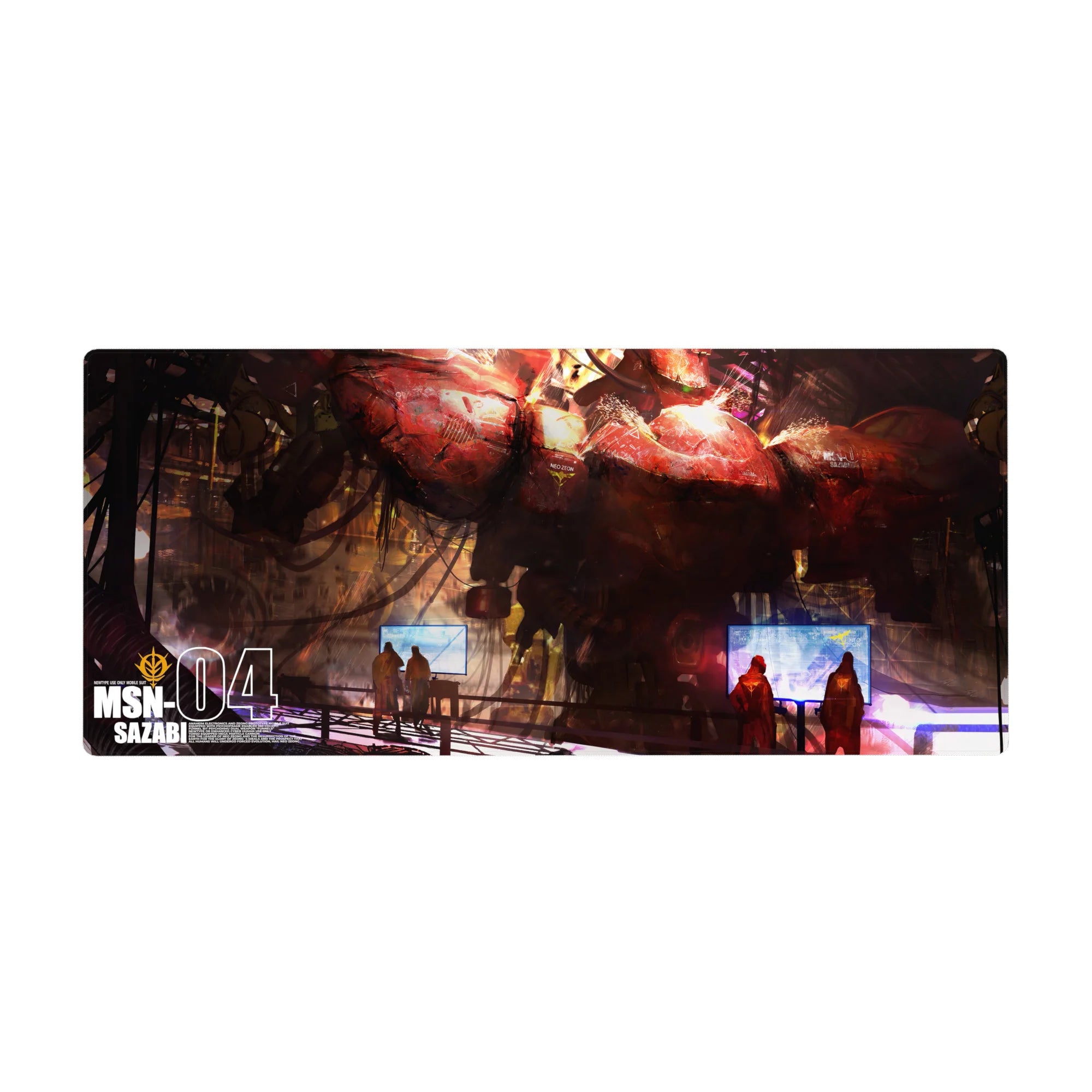 36x16 inches anime desk pad with Sazabi in a gritty hangar, cables, crew figures, and bold sci-fi detail.