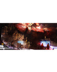 36x16 inches anime desk pad with Sazabi in a gritty hangar, cables, crew figures, and bold sci-fi detail.