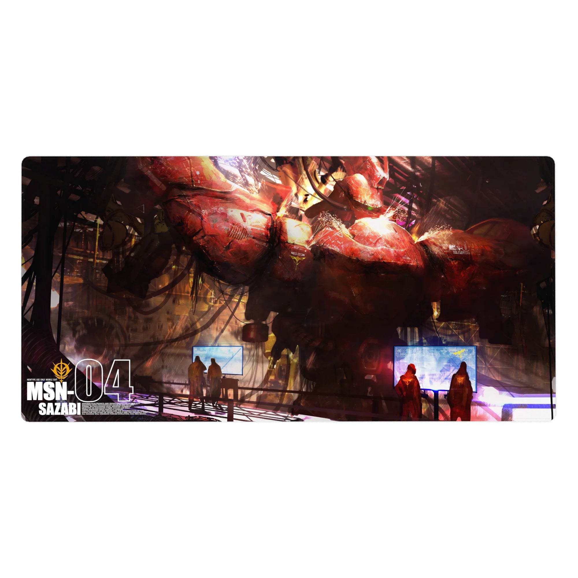 40x20 inches anime desk pad with Sazabi mech in gritty hangar, cables, crew figures, sci-fi detail.