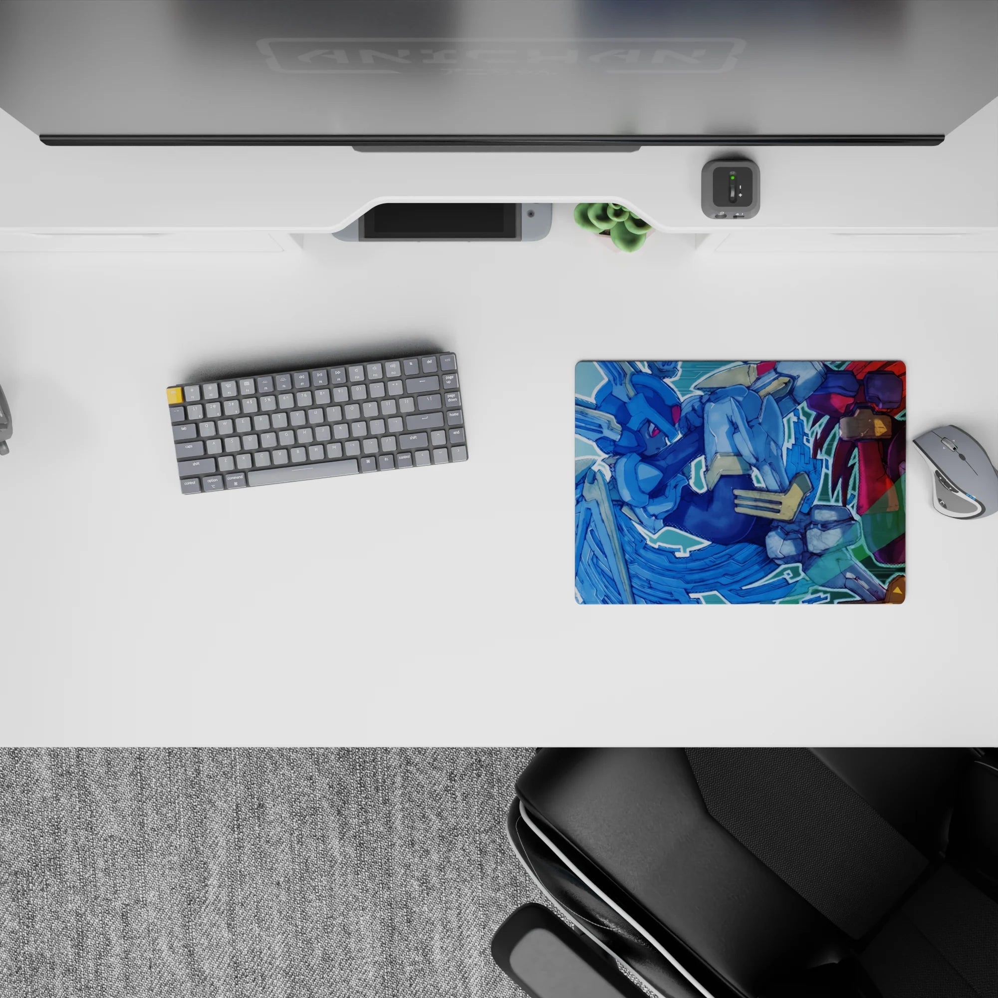 14x10 inches anime mouse pad in icy blue vs crimson heat, loud glossy armor, boss-fight energy.