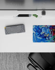 14x10 inches anime mouse pad in icy blue vs crimson heat, loud glossy armor, boss-fight energy.